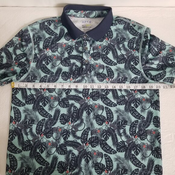 Apt 9 Mens M Short Sleeve Hawaiian Premiere Flex Polo Teal Blue Black Monkey - Picture 9 of 12